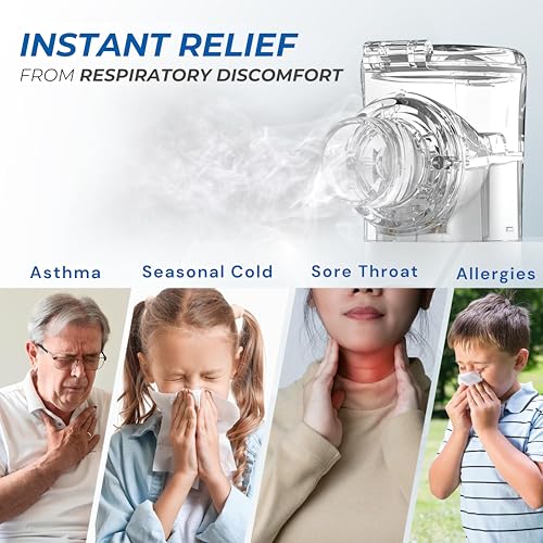 Image of Portable Mesh Nebulizer Machine for Kids & Adults with 2 Masks, 1 Mouth Piece and 2 Cells,Mini Handheld Ultrasonic Inhaler, Low-Noise Steam Vaporizer for Home & Travel, 3 Speed Modes, Silent and Portable - 1 Year Warranty