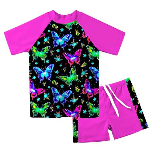Image of AIDEAONE Girls Rash Guard Swimsuit Short Sleeve Two Piece Bathing Suit Size 3-12T