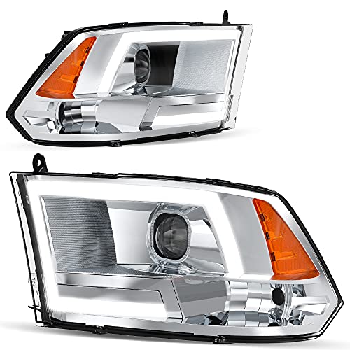 AUTOSAVER88 LED DRL Headlights Assembly Compatible with 2009-2012 Dodge Ram 1500/2010-2012 Dodge Ram 2500 3500 Dual Beam Model Headlamp Replacement Pair Chrome Housing Amber Reflector