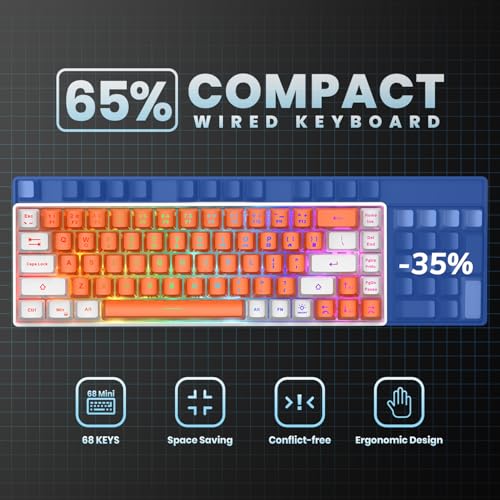 Image of GEODMAER 65% Gaming Keyboard, LED Backlit Mini Wired Keyboard, Ultra-Compact Anti-Ghosting No-Conflict 68 Keys Membrane Gaming Wired Keyboard for PC Laptop Windows Gamer(Orange-White)