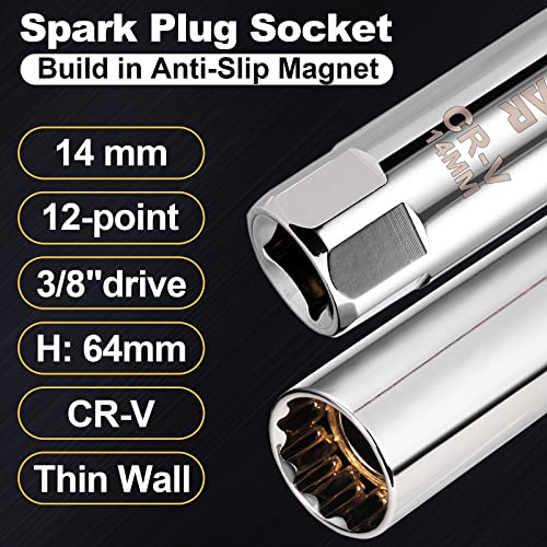 Image of Spurtar 14mm Spark Plug Socket 3 /8-inch Drive Thin Wall Magnetic 12-Point