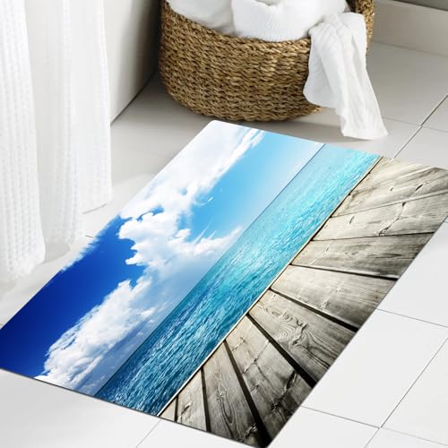 JHAOUNUK Weich Badezimmerteppich 60x90cm,Kunst, Bild von karibischen Holzdeck mit bewölkter Landschaft in Tropen,rutschfest waschbar Badematte Flauschige Badteppich Saugfähig Badvorleger Duschvorleger JHAOUNUK Weich Badezimmerteppich 60x90cm,Kunst, Bild von karibischen Holzdeck mit bewölkter Landschaft in Tropen,rutschfest waschbar Badematte Flauschige Badteppich Saugfähig Badvorleger Duschvorleger