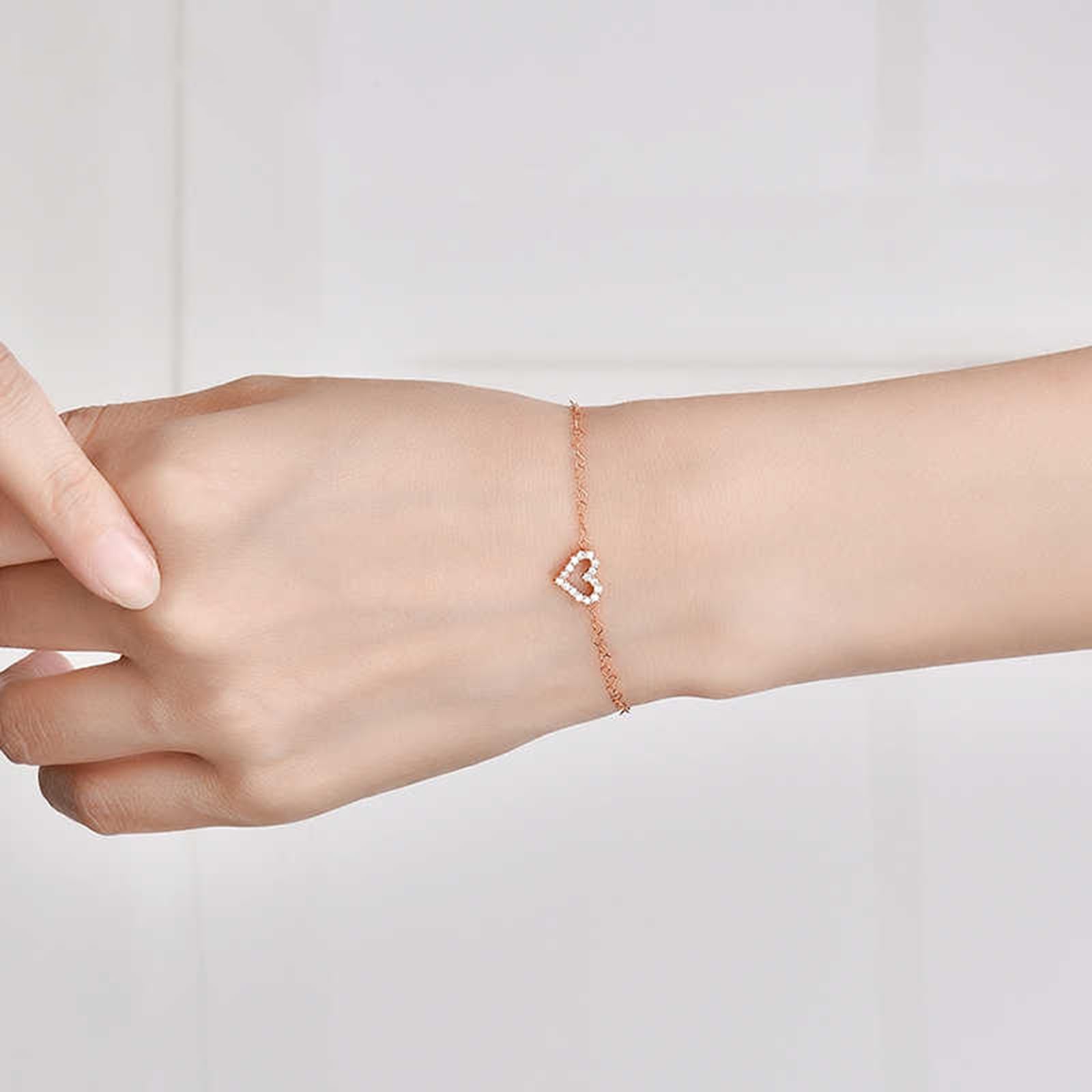 Pulseras de oro rosa para mujer, con forma de corazón, diamantes de 0,14 quilates, pulsera de corazón para mujer