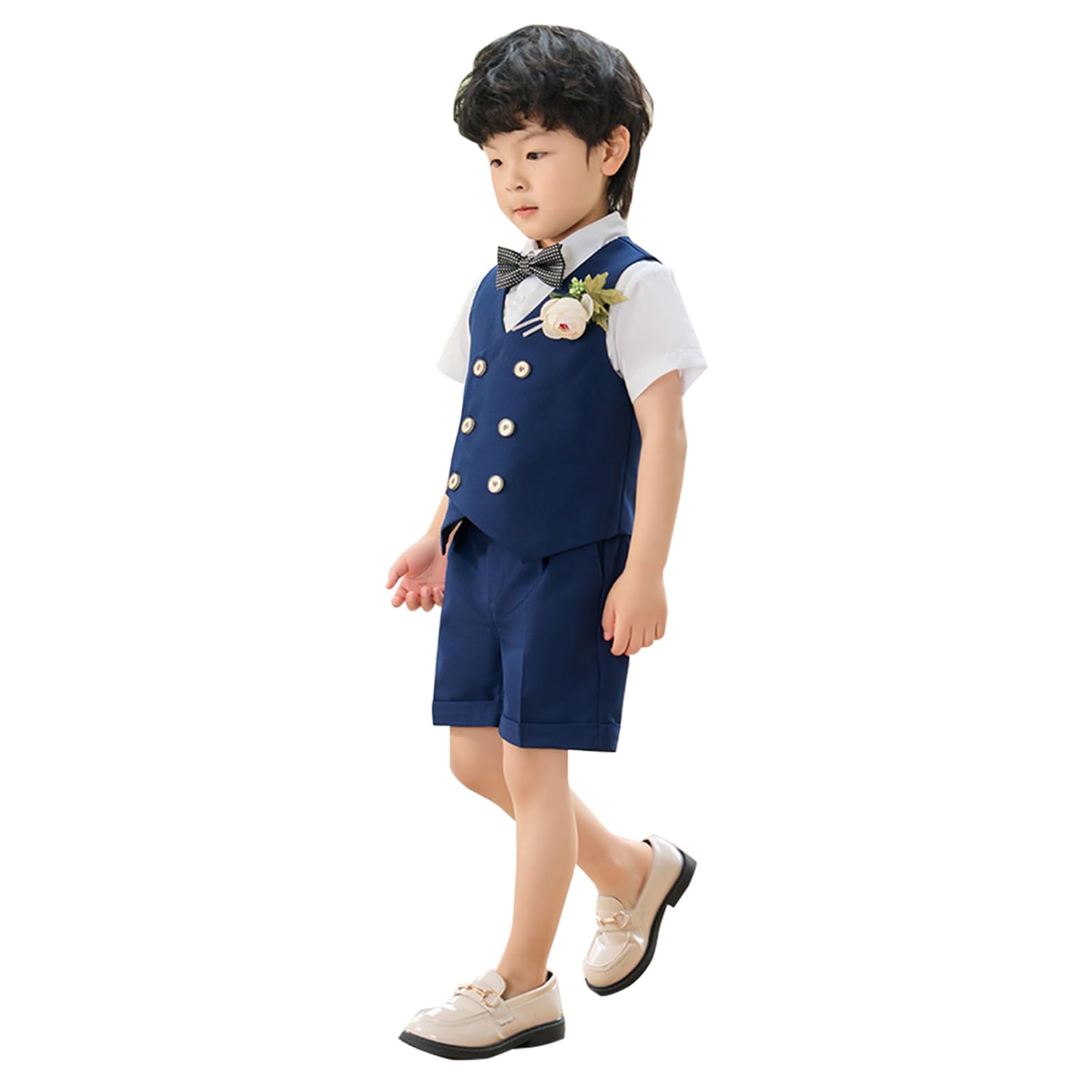 LOLANTA Traje de verano para niños, ropa de vestir para niños, camisa, chaleco, pantalones cortos, pajarita, chaleco, esmoquin, traje de portador de anillos de boda