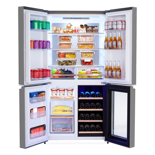 HobbyField 21 Cu.Ft 4-Door French Door Refrigerator – Counter-Depth Stainless Steel Fridge with Freezer, Refresh Zone & Wine Cooler | Multi-Use for Kitchen, Bedroom, Office & Dorm