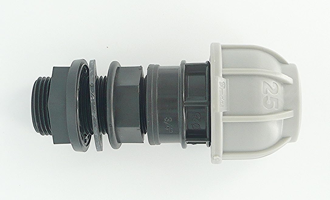 Farm & Field 3/4" Tank Adapter to 25 mm Straight Compression Connector for MDPE/Alkathene solid pipe.