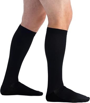 Mens Knee High 20-30 mmHg Firm Compression Socks, Copper Sole | Ribbed fabric, breathable microfiber and a non-binding top band help maintain a secure, comfortable feel through long days.