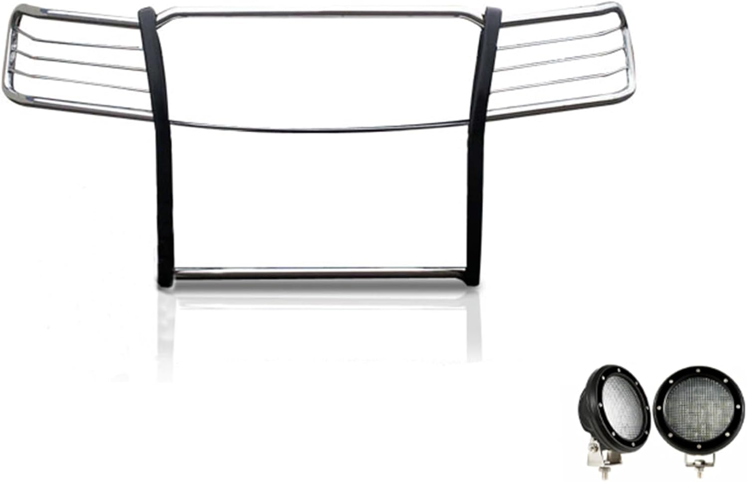 Black Horse Grille Brush Bumper Guard Modular Stainless Steel Come with Pair of 5.3" Dia.LED Lights with Black Trim Rings Compatible with 2007-2013 Chevrolet Silverado 1500-17A035700A2MSS-PLFB