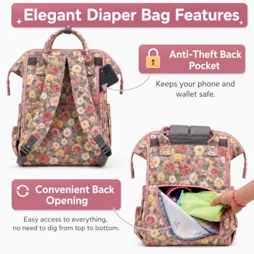 Image of Motherly Patented Diaper Bag Backpack for Moms | Waterproof Baby Travel & Maternity Bag | Spacious Nappy Bag with Insulated Bottle Pockets & Warranty (Floral Series)
