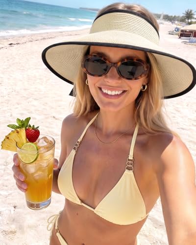 Sun Visors for Women Wide Brim Beach Hat Foldable Straw Visor Hat Ponytail Summer Packable UPF 50+ - Image 5