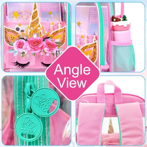Image of WZLVO Kids Clear Backpack for Girls, 16 inch Heavy Duty PVC Transparent Bookbag with Frame Reflective Strip, Cute See Through School Bags for Elementary Preschool - Unicorn Pink
