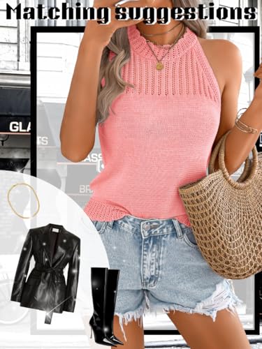 Image of ChiaoLezhee Women's Summer Knit Tank Tops, Racerback High Neck Lightweight Sweater Vest, Dressy Casual Outfits