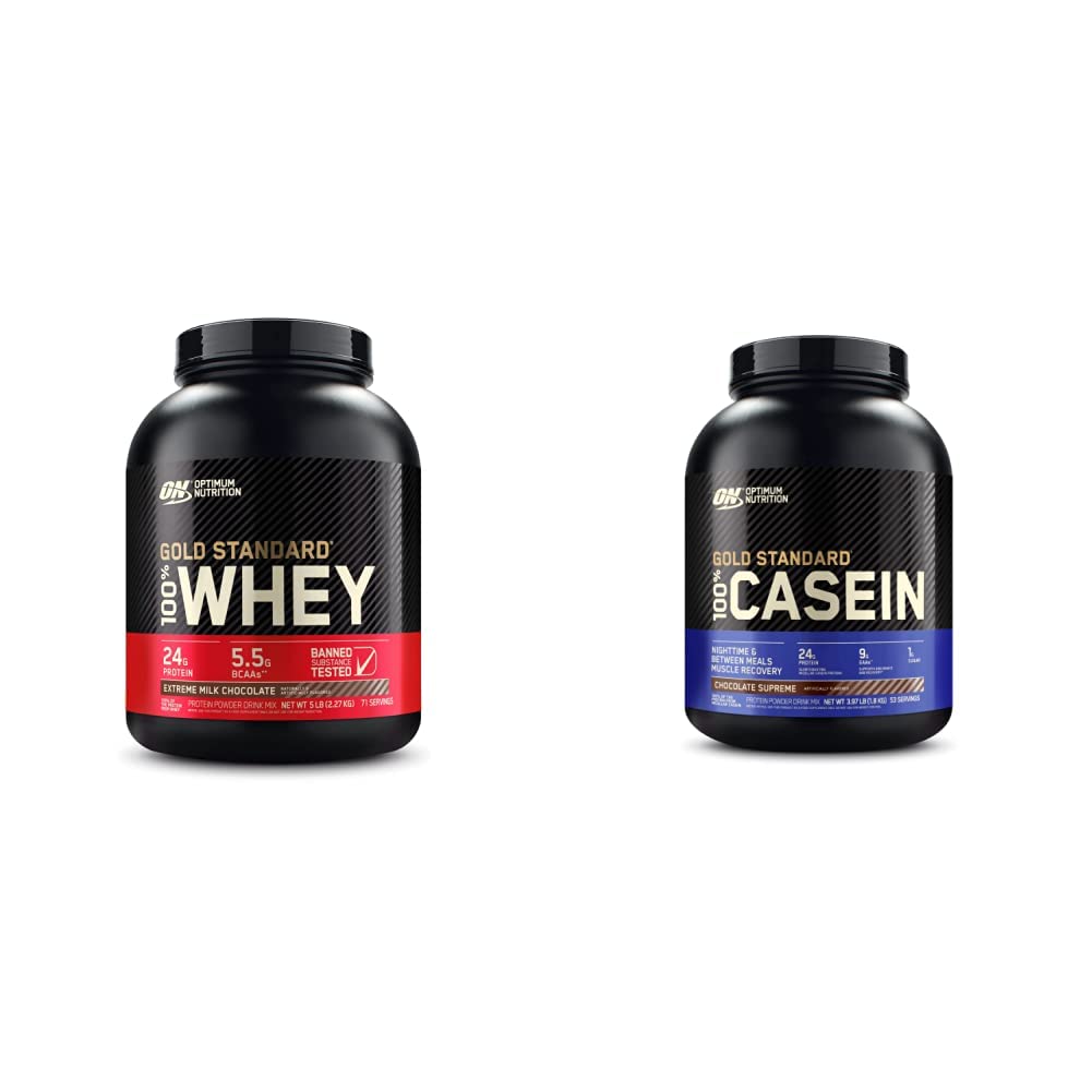 Optimum Nutrition Gold Standard 100% Micellar Casein Protein Powder & Gold Standard 100% Whey Protein Powder, Extreme Milk Chocolate, 5 Pound (Packaging May Var