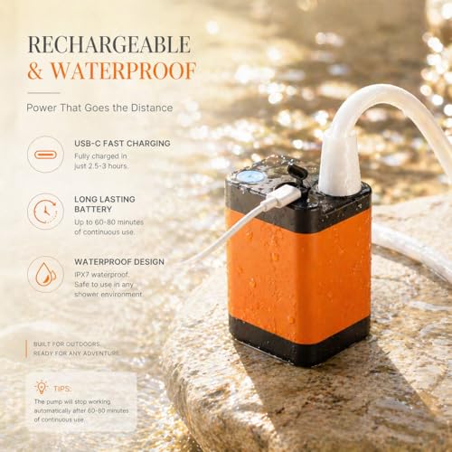 Ducha portátil para camping, bomba eléctrica recargable para exterior con cubo plegable, 3 modos de rociado, manguera de 2 metros, ducha con alimentación USB-C para camping, RV, viaje, baño de mascotas y riego de plantas miniatura 4