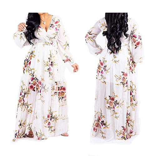 lvenzse Womens Maxi Dress Boho Chiffon Floral Printed V-Neck Long Dresses3