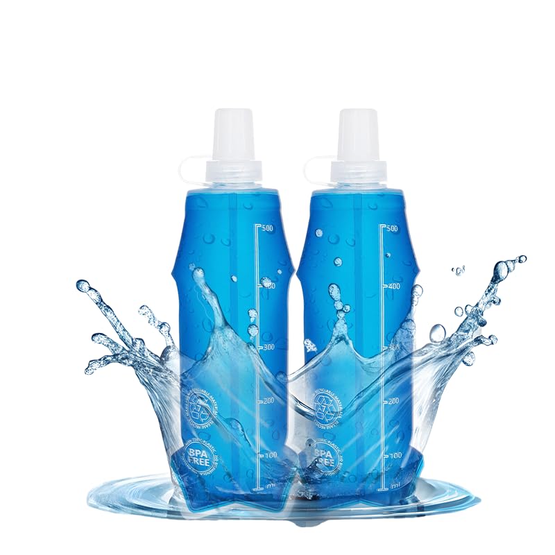 2 Pack Collapsible Water Bottle 500ml – BPA-Free Foldable Soft Flask for Running, Hiking, Cycling, Jogging, Trail Running, Marathon, Travel, Outdoor – Reusable Hydration Bottle for Backpack (500 ml)
