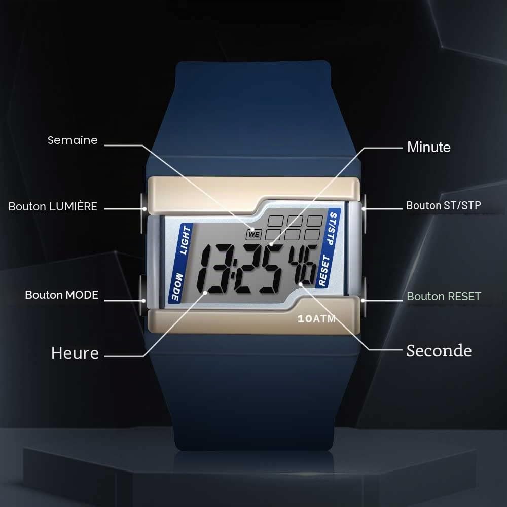 Montre Bracelet Homme Etanche 100 Mètres Montre Sport Digitale pour Plongée et Piscine avec Chronomètre au Tour, Réveil, Calendrier, Rétroéclairage