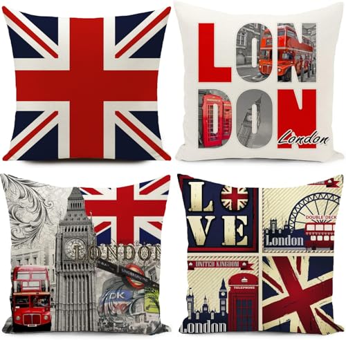 HUASHUZI Lot de 4 housses de coussin vintage avec motif drapeau du Royaume-Uni - 45,7 x 45,7 cm -...