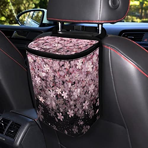 Image of Talayituse Cherry Blossom Print Car Trash Can with Lid, Leak Proof Auto Trash Bag Hanging Vehicle Garbage Can Multipurpose Storage Container for Back Seat Road Trip