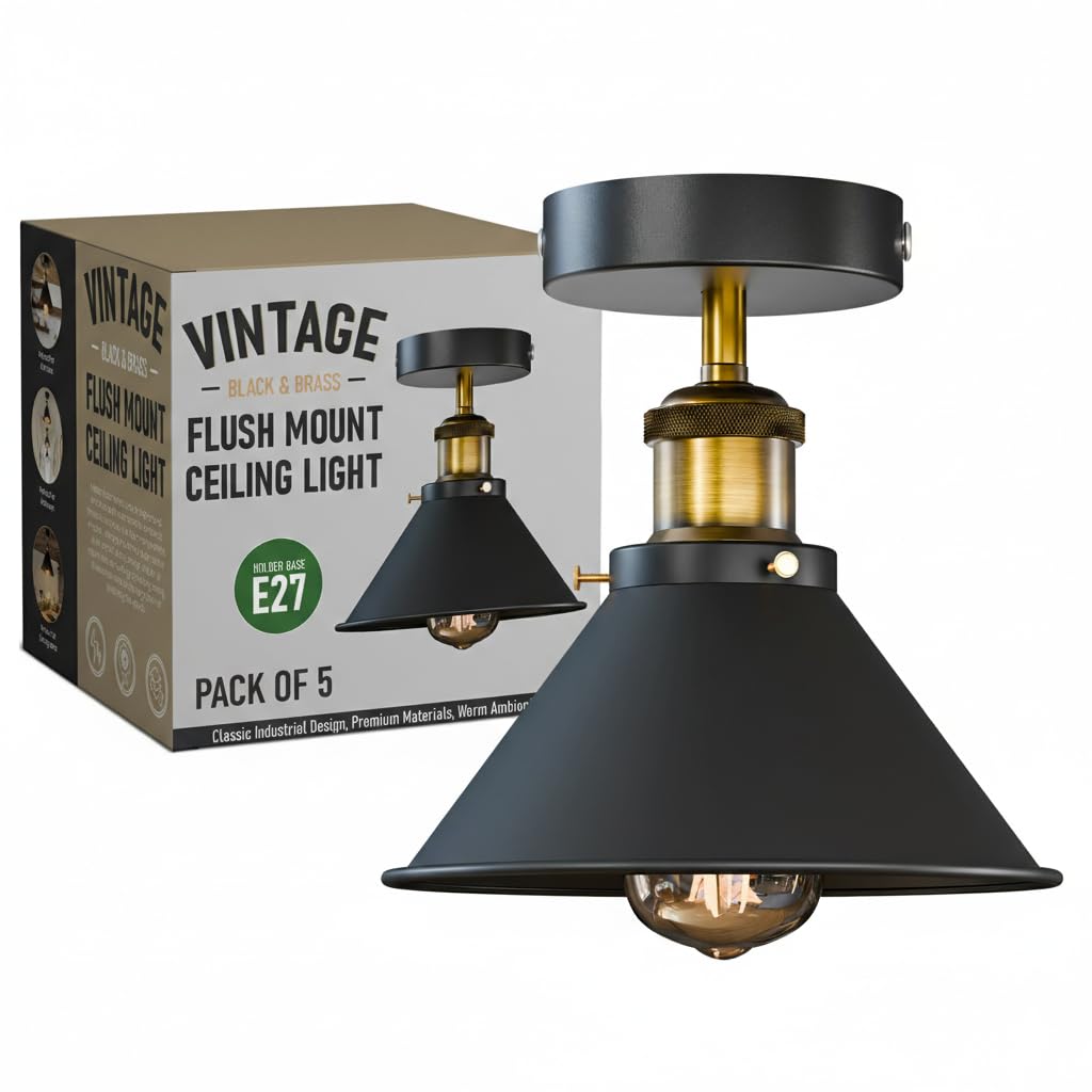 LEDSone E27 Ceiling Lights Metal Flush Mount Ceiling Lamp for Living Room, Bedroom, Kitchen, Dining Room Vintage Flush Mount Lighting 18cm Brushed Brass Conical Shade Lighting Without Bulb (5 Pcs)