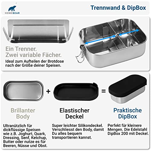 HOMEBEAR® Edelstahl Brotdose | Lunchbox 1200 ml | Set mit Box für Dips | Verschiebbare Trennwand | Auslaufsicher und Plastikfrei | Brotbox Jausenbox