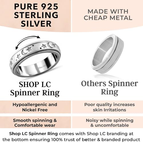925 Sterling Silver Spinner Fidget Ring for Women – Moon Star Platinum Plated Anxiety Ring - Stress Relief Statement Jewelry3