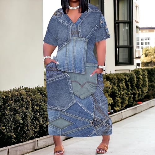 Image of SUZONANA Plus Size Denim Print Shirt Maxi Dresses for Curvy Women Casual Blue Jean Summer Outfits Long Short Sleeve Dress with Pockets Patchwork 4XL