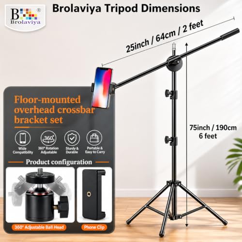 Image of Brolaviya 360-Degree Tripod with Middle Telescopic Crossbar Long arm Stick, 190cm top Height, for Photography & Videography, Ideal for Live Streaming, Overhead Tripod Stand with Mobile Bracket