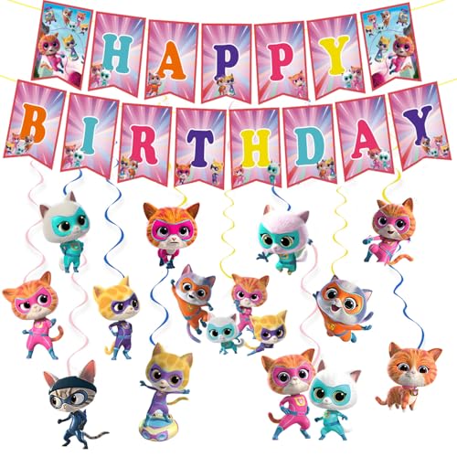 Kitties Birthday Party Supplies. Cat Theme Banner and 24 Hanging Swirl Decorations Cute Kitties Party Decor for Girls Boys and Kids Birthday Celebration