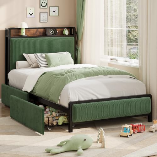 Image of GAOMON Twin Size Bed Frame with 2 Drawers and Charging Station, Green