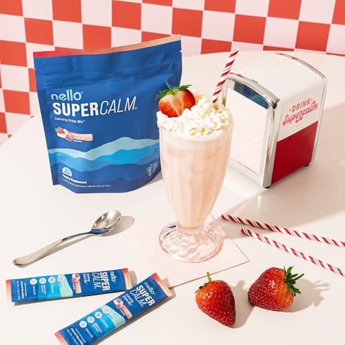 Image of Nello Supercalm Powdered Drink Mix, Cortisol Reducer*, Sleep Aid Supplement, L Theanine, Ksm-66 Ashwagandha, Magnesium Glycinate, Vitamin D 3, No Sugar, Non GMO, 20 Ct, Strawberries & Cream