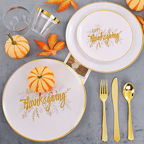 Bucla 150Pcs Gold Thanksgiving Plates With Disposable Plastic Silverware - White And Gold Plastic Dinnerware Including 25Dinner Plates, 25Dessert Plates, 25Forks, 25Knives, 25Spoons And 25Cups #TOP4