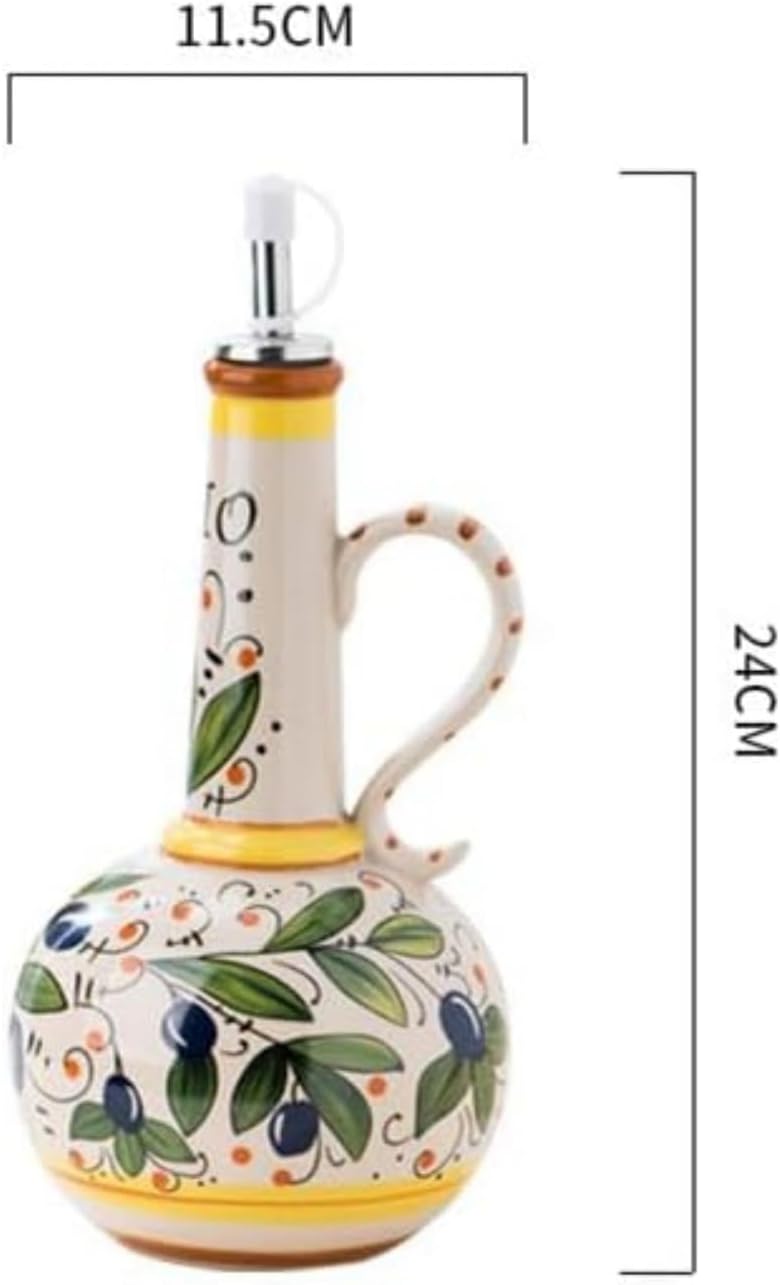 Ceramic Olive Oil Dispenser Bottle 23oz, Hand Painted Olive Oil Bottles, Decorative Stoneware Olive Oil Cruet for Kitchen with Stainless Steel Spout for Oils, Sauces, Vinegar