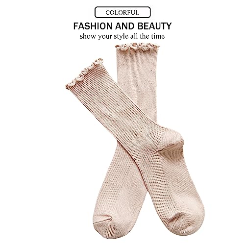 Image of UTTPLL Womens Cotton Crew Socks Ruffle Turn-Cuff Fashion Princess Lettuce Ankle Socks Athletic Thin Gift Dress Socks
