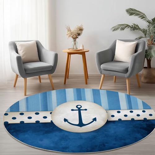 Redonda Alfombras Salon Rayas Con Temática Náutica 100 cm Redonda Alfombra de área Moqueta de Salón Modernas Antideslizante Pelo Corto y Lavables Azul Marino, para Habitacion Comedor Dormitorio