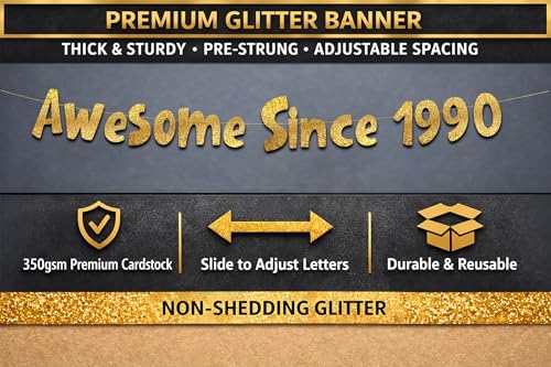 Image of Pre-Strung Awesome Since 1990 Gold Glitter Banner - Funny 36th Birthday and Anniversary Decorations for Men and Women - Party Supplies and Gifts