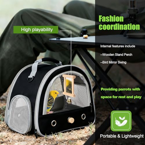 Image of Parrot Travel Cage Carrier with Bird Cage Bells Mirror Set,Portable Small Bird Parakeet Bag with Standing Perch and Comfy Mat Bird Carry Transport Bag with Clear Window Outdoor Adventure