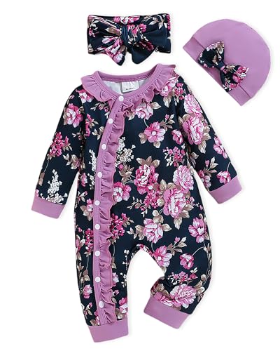 Image of Newborn Baby Girl Clothes Infant Floral Print One-Piece Romper+Jumpsuit+Bodysuit+Hat+Headband