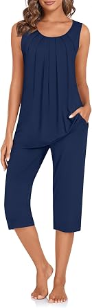 TAOHUADAO Womens Pajamas Set with Pockets, Lounge Capri Pants with Sleeveless Top, Ladies Sleepwear Plus Size Pjs Set
