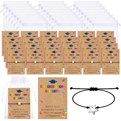 Thinkday 30 Set Graduation Gifts Pentagram Kindergarten Graduation Bracelet with Card Organza Bag Jewelry Bag 4 x 6 Inch Small Gift Bag with Drawstring Wedding Gift Bracelet for Girl(Fresh Style)