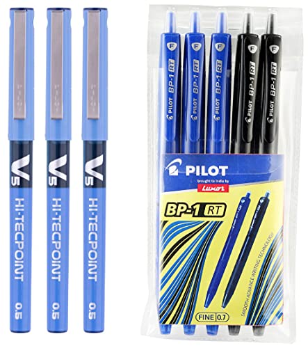 Image of Pilot V5 Liquid Ink Roller Ball Pen -Blue(Pack of 3),9000014710 BP1 Ball Pen - Pack of 5 - (3 Blue Pens + 2 Black Pens)