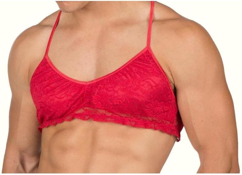 Lace and Satin Whisper Bralette for Men (Small, Red)