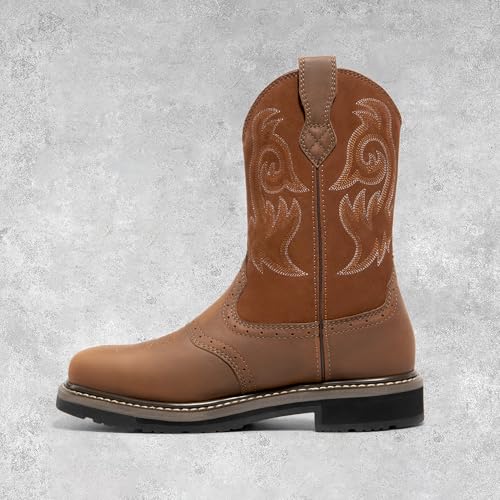 NORTIV 8 Steel Toe Cowboy Boots for Men Western Square Toe Leather Work Boots with Hazard Protection,for Construction Farming Bronco Trailblazer,Size 11.5,Light Brown
