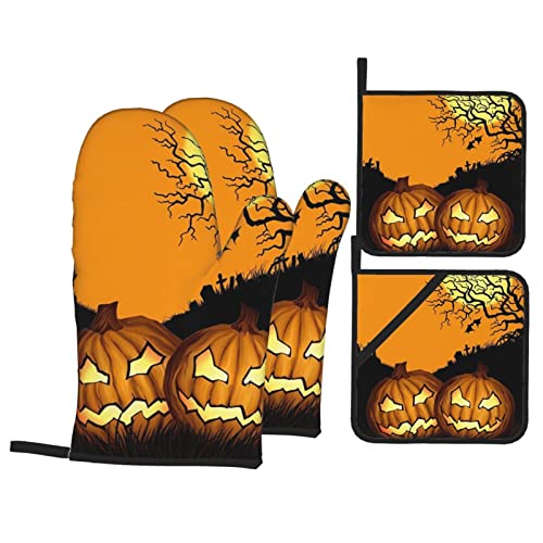 Halloween Holiday Pumpkin Printed Oven Mitts And Pot Holders Heat Resistant Potholders Oven Gloves And Pad For Baking Kitchen Grilling - 4 Set #TOP11