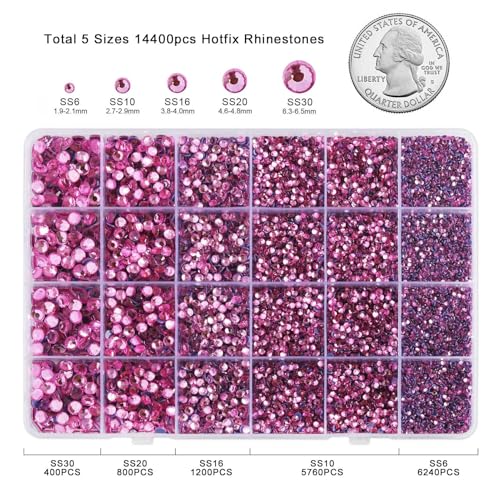 Image of Hotfix Rhinestones Kit,Dark Pink, Mixed 5 Sizes 14400pcs | Hot Fix Crystals, for Bedazzling Clothes Crafts, with Wax Pencil,Tweezers and Spoon,SS6-SS30