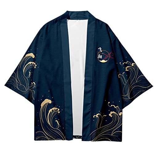 Image of DOSLAVIDA Men's Japanese Kimono Jacket Set Stylish Open Front Coat With Shorts Chinese Style Printed Cardigan Suit