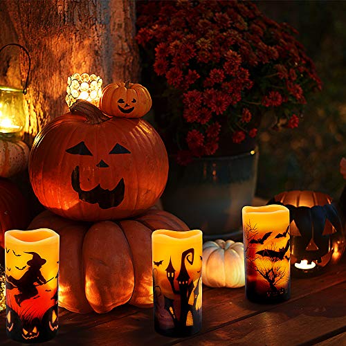 Halloween Flickering Flameless Candles - Battery Operated LED Real Wax Candles with 6 Hours Timer - Bats, Castle, Witch LED Flickering Candles for Halloween Christmas Wedding Party Decor, Pack of 3