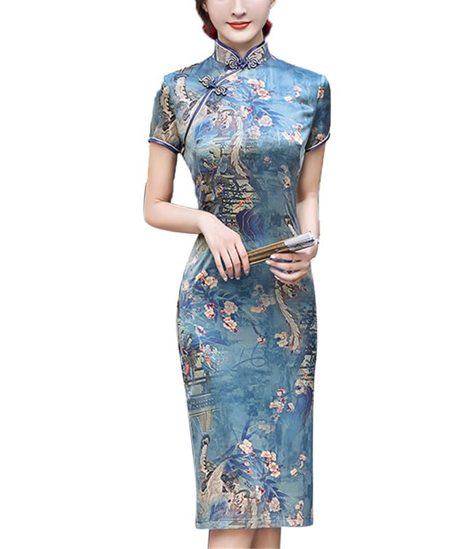 keephen Estilo Chino Qipao Vestido para la Mujer - Tradicional Slim Slit Stand Collar Cheongsam Vestido de Manga Corta por Encima de la Rodilla Qipao Longitud del Traje