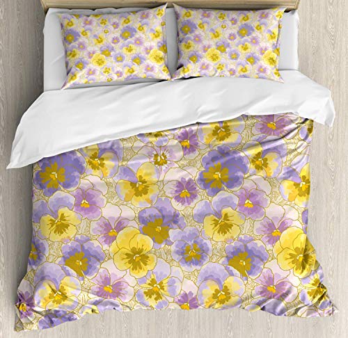 Conjunto de funda nórdica de flores de pensamiento dibujado a mano Flower Garden Botanical Art Artistic Water Pattern, juego de cama de 3 piezas con fundas de almohada, grande / reina, lila amarillo l