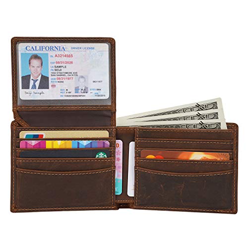 Polare Men's RFID Blocking Cowhide Leather Bifold Wallet with 2 ID Windows (Dark Brown)